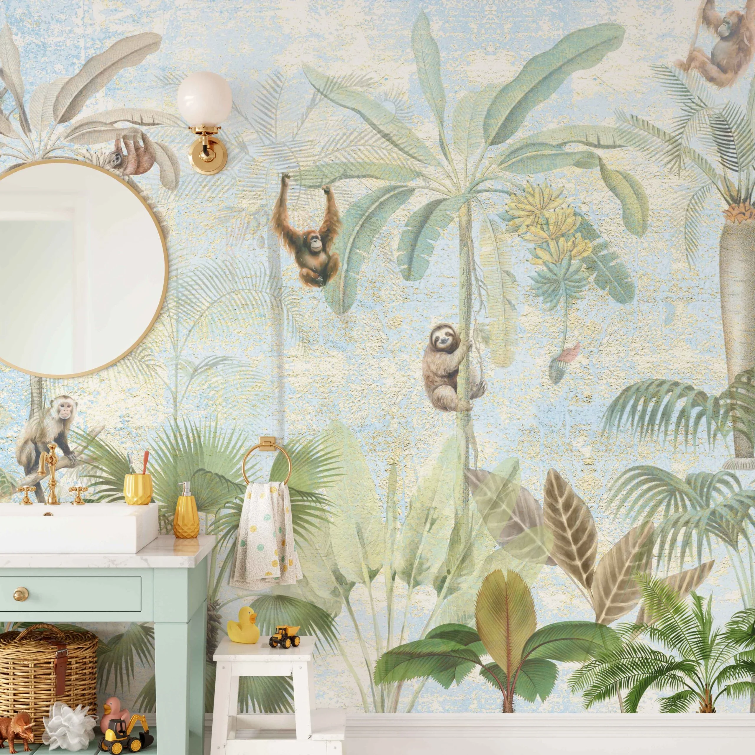 Fleur des Fleurs - Behang - Blue, gold & green Monkey Palms
