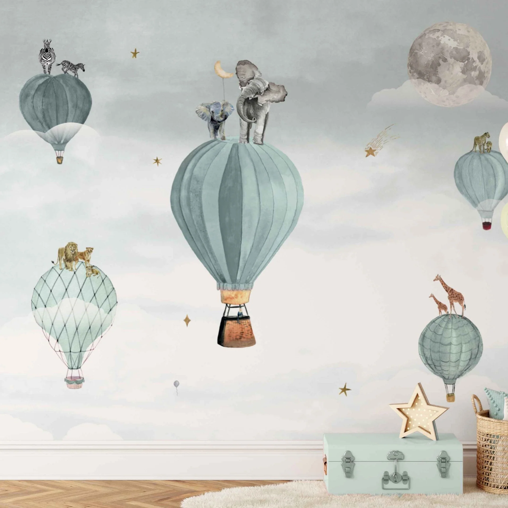 Fleur des Fleurs Behang - Happy Hot Air balloons blue with a touch of gold