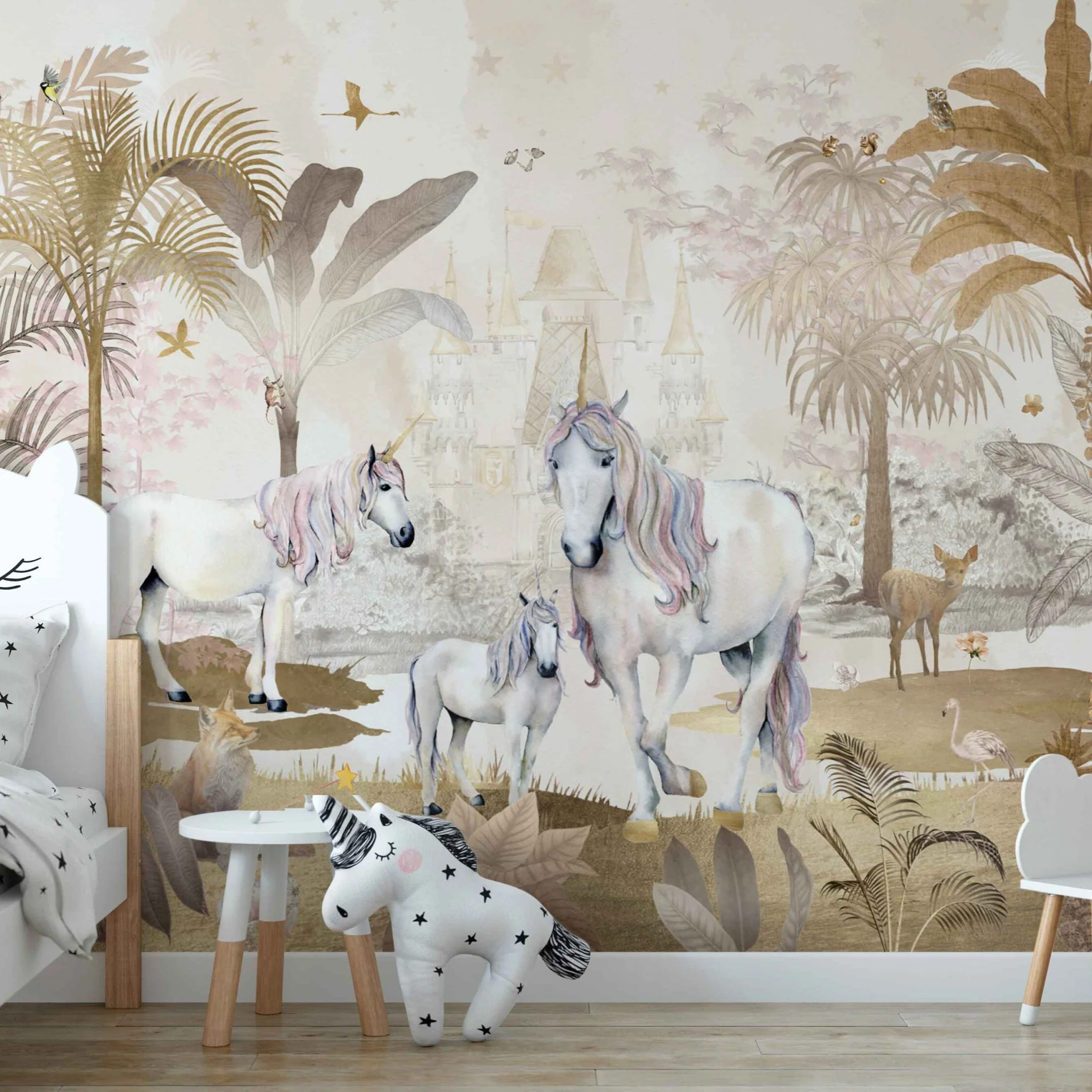 Fleur des Fleurs Behang - Unicorn Forest life beige gold